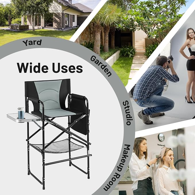 COSTWAY 46" Tall Directors Chair, Folding Makeup Artist Chair with Foldable Side Table & Footrest, Extra Cup Holder, Bottom Mesh Bag & Storage Pocket, Camping Chair for Lawn & Yard, Black+Gray