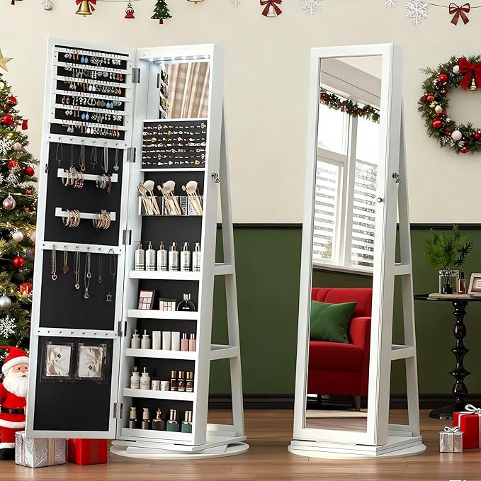 LVSOMT Mirror Jewelry Cabinet Standing, 360° Swivel Jewelry Armoire with 6 LED Lights and Interior Mirror, Full Length Mirror with Storage, Standing Lockable Jewelry Organizer, White