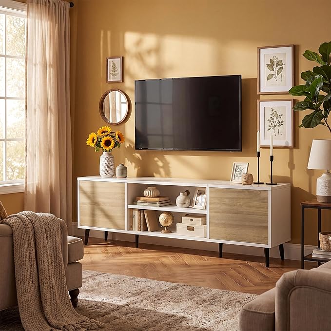 JUMMICO Mid-Century Modern TV Stand for 65-70 Inch TVs, 63 Inch Media Console with Storage, Entertainment Center with Push-Open Cabinets and Cable Management for Living Room (Oak, 63 Inches)