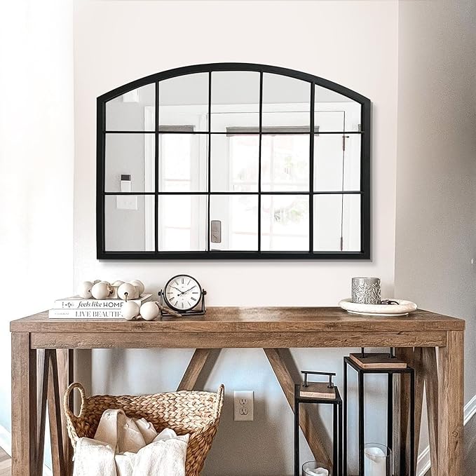 WAMIRRO Wide Window Pane Black Mirror,Farmhouse Arched Wall Mirror,Mantel Mirror for Fireplace/Entryway/Hallway/Living Room,33“X24”