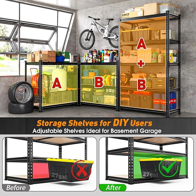 REIBII 2400LBS Garage Shelving Heavy Duty,5 Tier Storage Shelves Adjustable Metal Shelving Unit,Garage Shelves for Basement,Warehouse,Commercial,Pantry,Closet,Kitchen 72x36x16,Black