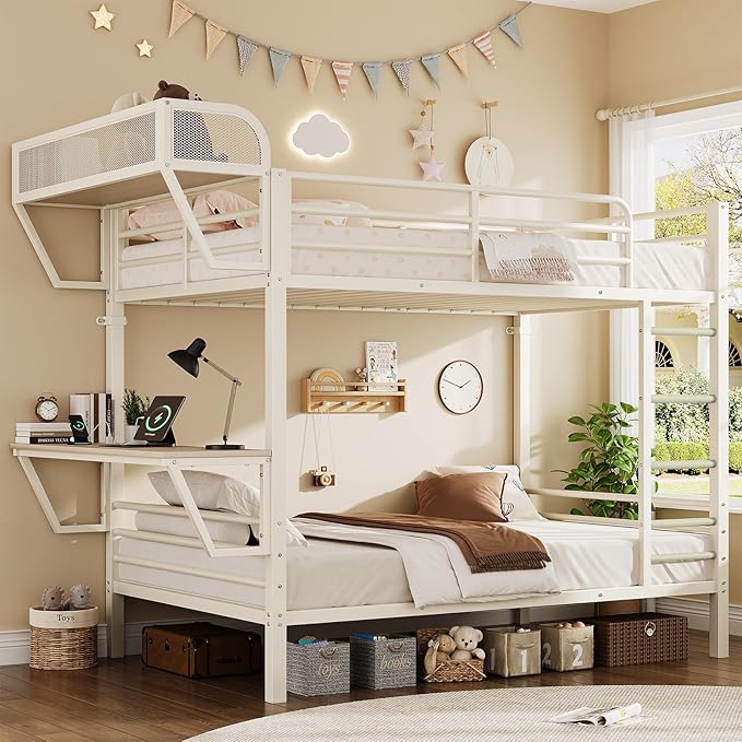 Bunk Bed Twin Over Twin, Metal Bunk Beds with Power Outlets & Desk, Heavy-Duty Bunkbeds Frame with Safety Guardrail & Ladders, Upper Bed with Storage Rack, No Box Spring Needed, for Juniors, White