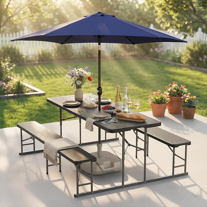 VINGLI Folding Picnic Table and Bench Set with Umbrella, Portable Outdoor Dining Furniture for Camping, Patio, Backyard, Wood Grain Plastic Top with Metal Frame with Dark Blue Umbrella
