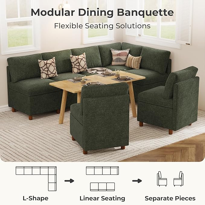 SITJOY Breakfast Nook Bench with Storage, Modular Corner Kitchen Banquette Seating, Dining Settee Couch, Upholstered Dining Bench with Back, Soft-to-Touch Fabric in Green, 7-Seat L Shaped Nook