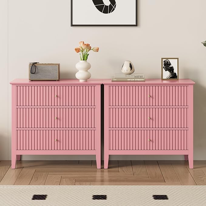RoyalCraft 32" Large Nightstand Set of 2, Fluted Painted Bedside Table with 3 Spacious Drawers, Modern Tall End Table for Bedroom, Pink