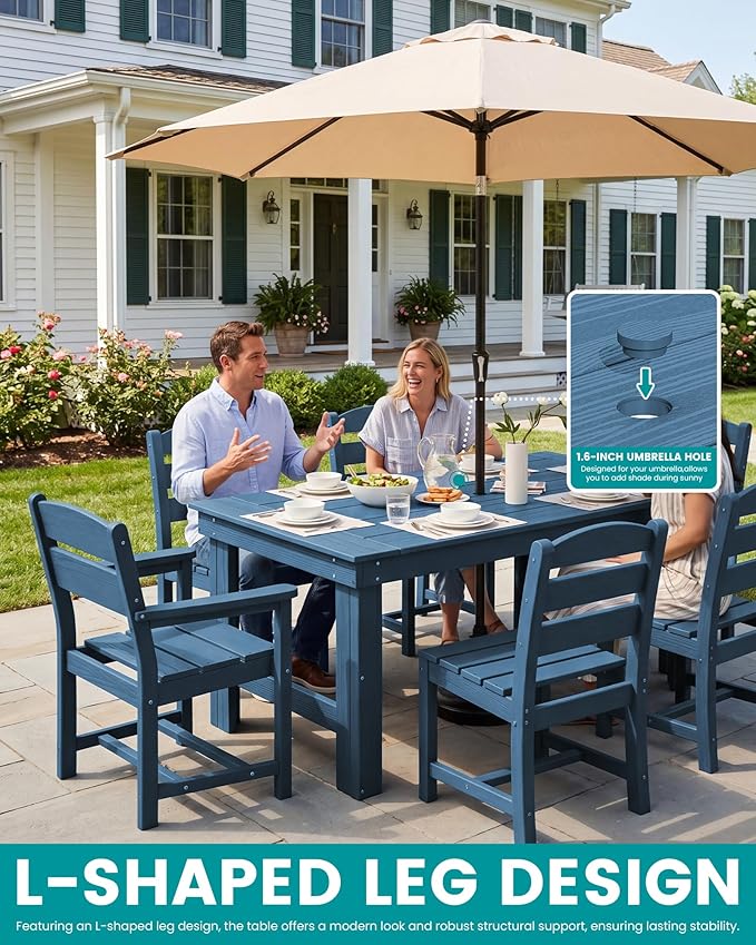 SERWALL Outdoor Dining Table Set, 67‘’ HDPE Patio Dining Set for 4, All-Weather Outdoor Table and Armless Chairs Set for Deck, Blue