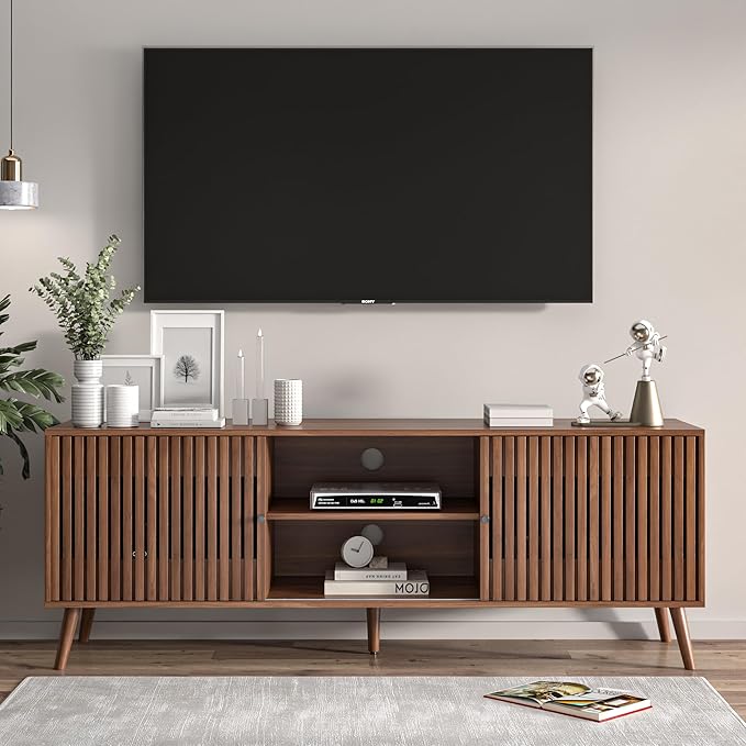 Oubayajia Mid Century Modern TV Stand for Televisions up to 70 Inches, with Sliding Doors and Storage, Television Stands, TV Consoles, Media Consoles for Living Room, 63 Inch (Walnut)
