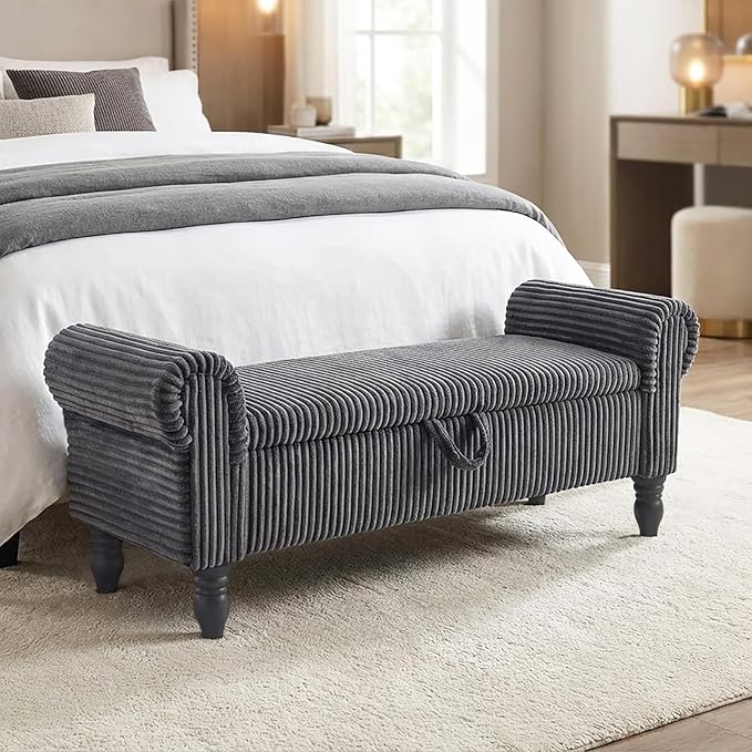 51.5" Bench for End of Bed Storage Benches, Queen End of Bed Bench Corduroy Upholstered Storage Ottoman Window Bench with Storage, for Bedroom, Entryway, Closet, Dark Grey