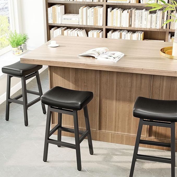 Raynesys 29 Inches Bar Stools Set of 2, Bar Height Barstools for Home Counter, Blackless Barstool with Bonded Leather Saddle Seats & Heavy Duty Metal Legs, Easy Assembly, Gray/Black