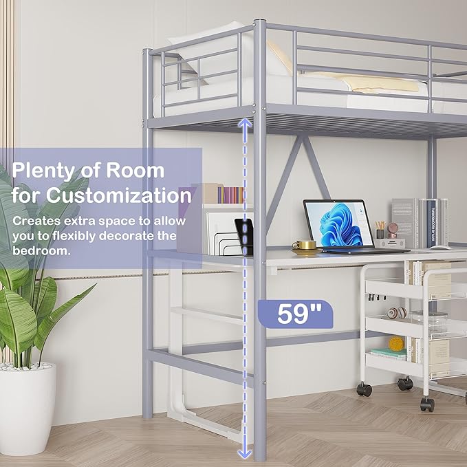 VECELO Loft Bed Twin Size, Metal Bedframe with Removable Ladder and Safety Guardrail, No Box Spring Needed, Space Saving, Noise Free, Light Grey