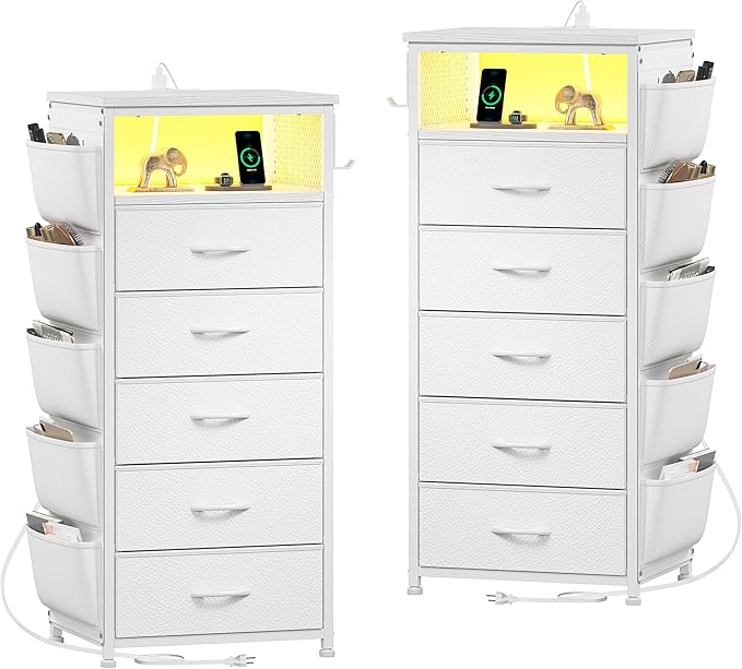EnHomee Tall Nightstand Set of 2, Bedside Table with Charging Station and LED Light, Night Stand with Extra Side Bag & Hooks, Bedroom, Closet, Hallway, Entryway, White