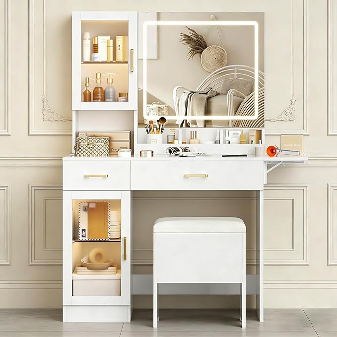 KAMABOKO Vanity Desk with Mirror, LED Lights and Power Outlet, Makeup Vanity Table with Cabinet and 2 Drawers, Dressing Table with Stools for Bedroom (White)
