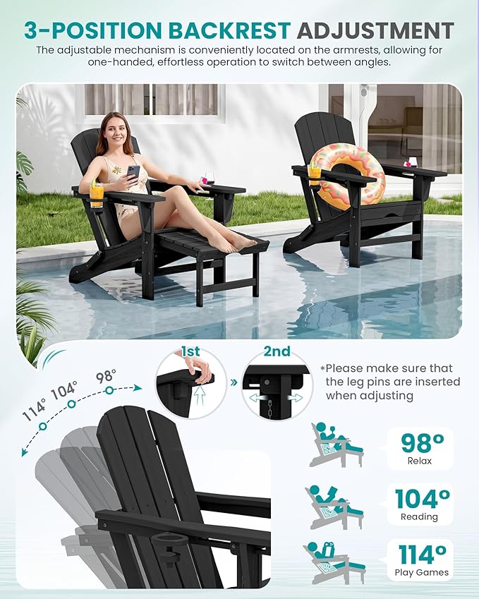 SERWALL Folding Adjustable Adirondack Chairs with Footrest Set of 2, HDPE Outdoor Chair with Dual Cup Holders, All Weather Adirondack Chair with Ottoman, Black