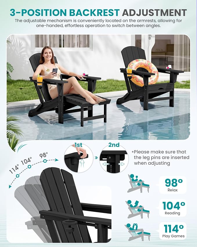 SERWALL Folding Adjustable Adirondack Chairs with Footrest Set of 4, HDPE Outdoor Chair with Dual Cup Holders, All Weather Adirondack Chair with Ottoman, Black