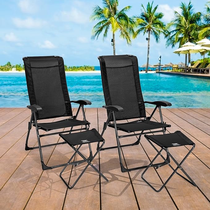 Giantex 4 Pcs Folding Patio Chairs with Footrest, Adjustable Back, 2 Pack Outdoor Portable Sling Patio Dining Chairs for Camping Lawn Bistro Porch Garden Yard Pool, Black