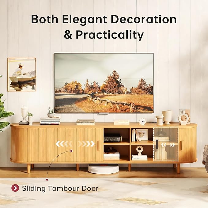 70" Mid Century Modern TV Stand, Wood TV Consoles with Sliding Doors and Power Outlet, Entertainment Center with Adjustable Shelves, Fluted TV Stands for Living Room, Oak