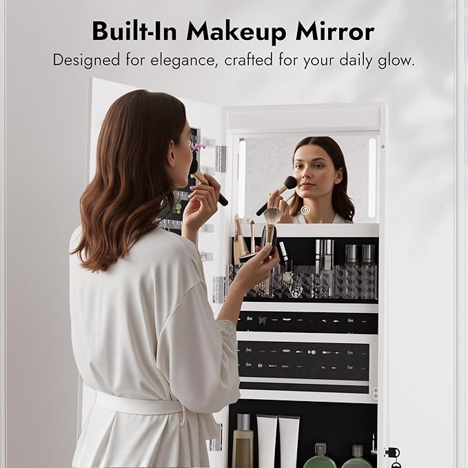 Zamildon's LED Mirror Jewelry Armoire, 360 Swivel Full Length Mirror Jewelry Cabinet, Freestanding Mirrored Jewelry Organizer with Interior LED Lights & Storage Shelves, White