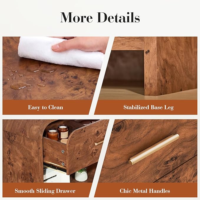 Farmhouse Nightstand Set of 2, 23.5" Curved Modern Night Stand with 3-Drawer, Bedside Table, End Table for Bedroom, Storage Cabinet for Home Office Entryway, Dark Burl