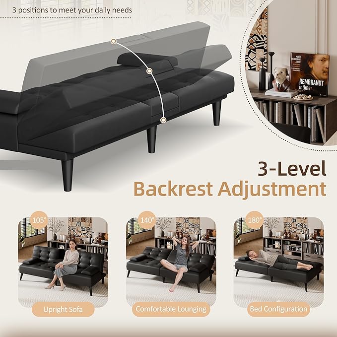 Shintenchi Futon Sofa Bed, Leather Foldable Futon Couch, Reclining Sleeper with Removable Armrests, Upholstered Loveseat Sofa Couch with Folding Cup Holders for Home, Office(Black)