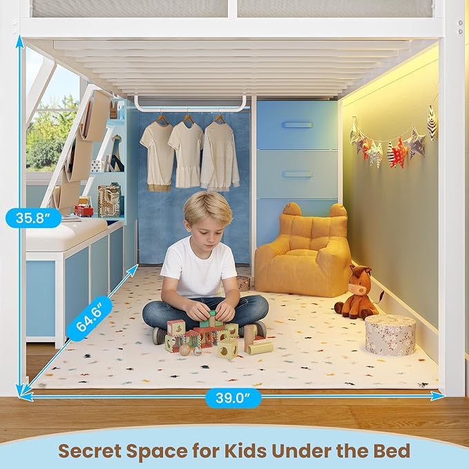 MSmask Low Loft Bed with 7 Storage Drawers & Reading Nook, Kids Twin Loft Bed with Bookshelf, LED Lights & Safety Guardrail, Loft Bed Twin Size with 35.8''H Play Space, Inclined Ladder, White & Blue