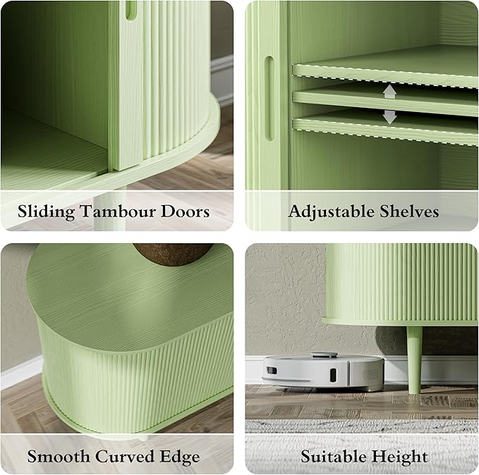 DHH 86.6" Fluted TV Stand with Power Outlet for TVs up to 90", TV Console with Adjustable Shelves and Sliding Door,Mid Century Modern Entertainment Center for Living Room,Bedroom (Green, 86.6Inch)