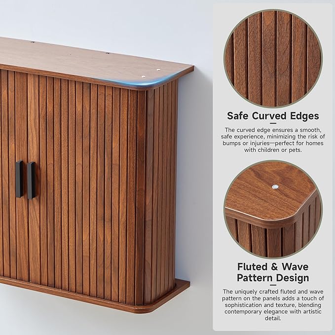 weselon Fluted Wall Mounted Bathroom Cabinet with Sliding Doors, Medicine Cabinet Storage for Over the Toilet, Space Saver Organizer for Small Bathroom Laundry Kitchen (Walnut)