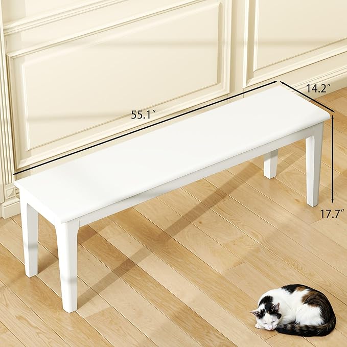 Dining Bench 55.1" Wood Solid Oak Wooden Bed End/Entryway Bench for Bedroom Living Room Kitchen(White)
