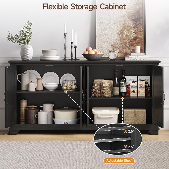 ONBRILL 63 Inch Buffet Cabinet with Storage, Large Sideboard Cabinet with 4 Carved Doors, Modern Credenza Storage Cabinets w/Adjustable Shelves for Kitchen, Living Room, Black
