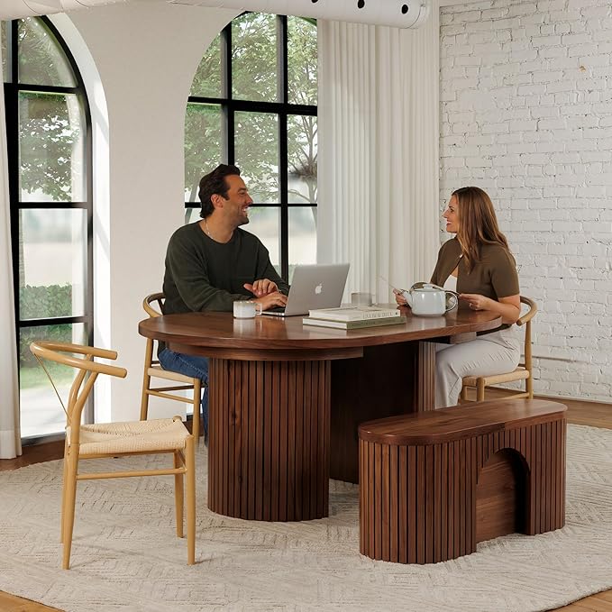 Transformer Table - Solid Wood Extendable Round Dining Table Set, Extendable Round Dining Set, Elegant and Functional Design, Perfect for Dining Room or Kitchen, Royal Brown (Table + Bench)