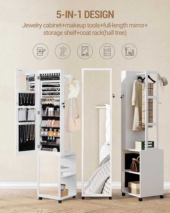 Hzuaneri 8 LEDs Jewelry Cabinet Armoire, 66.9-inch Jewelry Organizer with Garment Rack, Lockable Full-length Mirror with 4 Wheels, Storage Shelves with Hooks, 5-in-1, White and Beige JC17003B