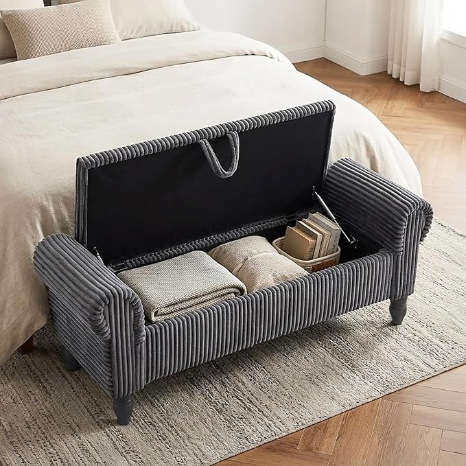 51.5" Bench for End of Bed Storage Benches, Queen End of Bed Bench Corduroy Upholstered Storage Ottoman Window Bench with Storage, for Bedroom, Entryway, Closet, Dark Grey