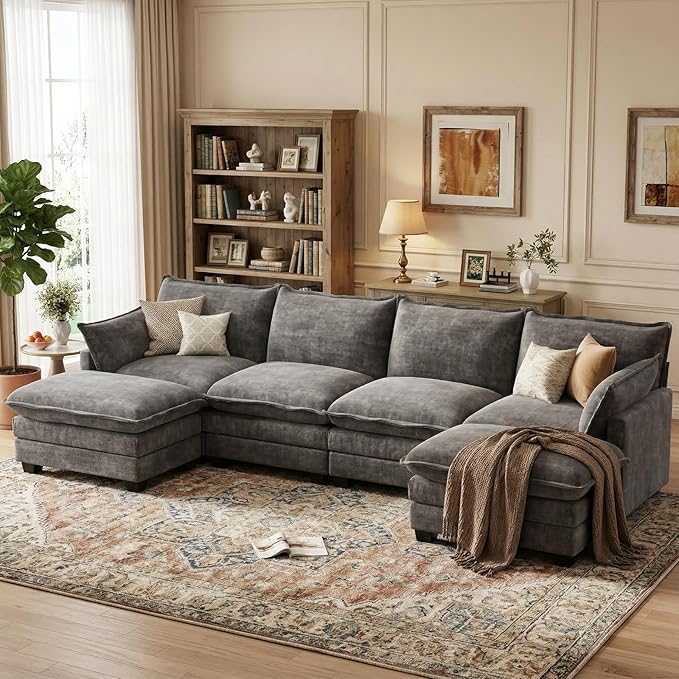 U Shaped Modular Sectional Sofa, Cloud Couch with Movable Ottoman, Comfy Chenille Sofa with Pillows for Living Room, Bedroom, Apartment, Dark Gray