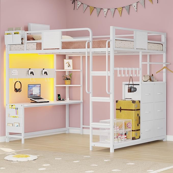 BYSAUD Full Size Loft Bed, Loft Bed with Desk, Full Loft Bed, 6 Storage Drawers & 4 Storage Shelves & 2 Storage Bags, LED Lights & Charging Station, Safety Guard & Ladder, Noise Free, White
