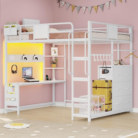BYSAUD Full Size Loft Bed, Loft Bed with Desk, Full Loft Bed, 6 Storage Drawers & 4 Storage Shelves & 2 Storage Bags, LED Lights & Charging Station, Safety Guard & Ladder, Noise Free, White
