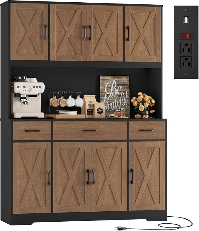 HOSTACK 71" Tall Pantry Cabinet with Charging Station, 55" Wide Kitchen Pantry Storage Cabinet with Countertop, Large Kitchen Hutch with Storage Drawers for Dining Room, Brown/Black
