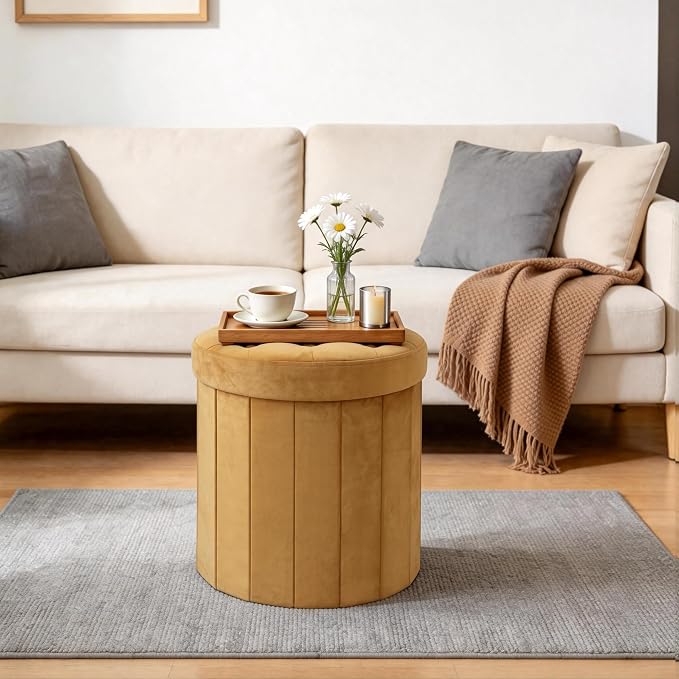 CAROLMADE Round Storage Ottoman,Velvet Folding Footrest Stool with Thicker Foam Padded Seat,Versatile Vanity Stool for Living Room,Bedroom or Dorm,Orange