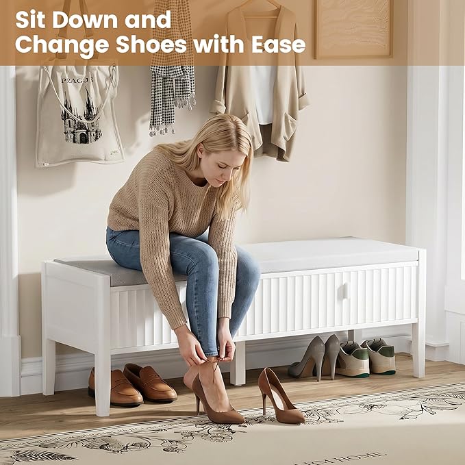 Furniway White Fluted Shoe Bench with 2 Drawers, Entryway Storage Bench with Thick Padded Cushion Seat, Open Bottom Shoe Storage Shelf for Hallway, Living Room, Bedroom, 47.2" W