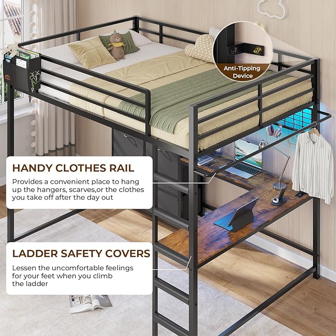 DICTAC Full Loft Bed with L-Shaped Desk and 7 Storage Drawers,Metal Full Size Loft Bed for Teen with LED Lights and Charging Station,13.11" H Safety Guardrail and Ladder,No Box Spring Needed, Black