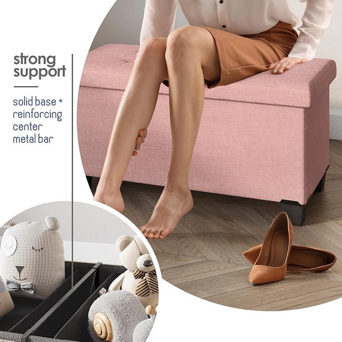 Storage Ottoman Bench with Bins, 30-in Storage Bench for Bedroom End of Bed, Folding Foot Rest Ottoman for Living Room Max 660lbs, Fabric Ottomans, Pink