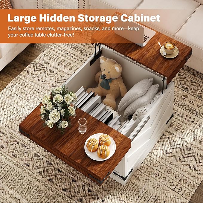 UNIQUITE 31.5'' Lift Top Coffee Table, Sliding Top Square Center Table with Large Hidden Storage Organizer, Multi-Functional Farmhouse Coffee Tables for Living Room, Bedroom, Home Office, White