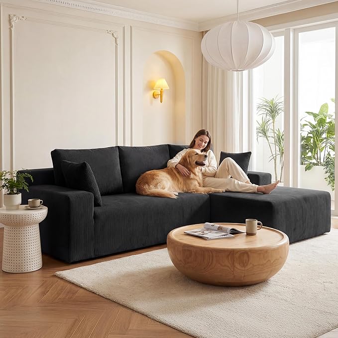 GRUSIGN Cloud Sectional Boneless Couches for Living Room, Modular L Shaped Couch with Deep Seat Oversized Right Facing Chaise, Memory Foam Compressed Spineless Sofa for Bedroom, Fine-Striped Black