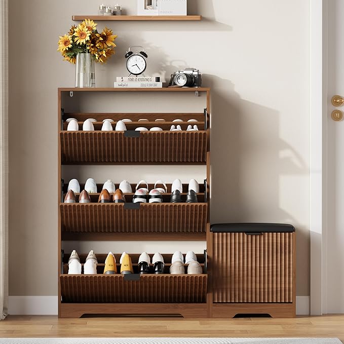 HUANLEGO Shoe Cabinet Storage for Entryway with 4 Flip Drawers, Walnut Fluted Shoe Cabinet with Bench, Wooden Hidden Shoe Rack Freestanding Narrow Slim Shoes Storage Organizer for Hallway, Entrance