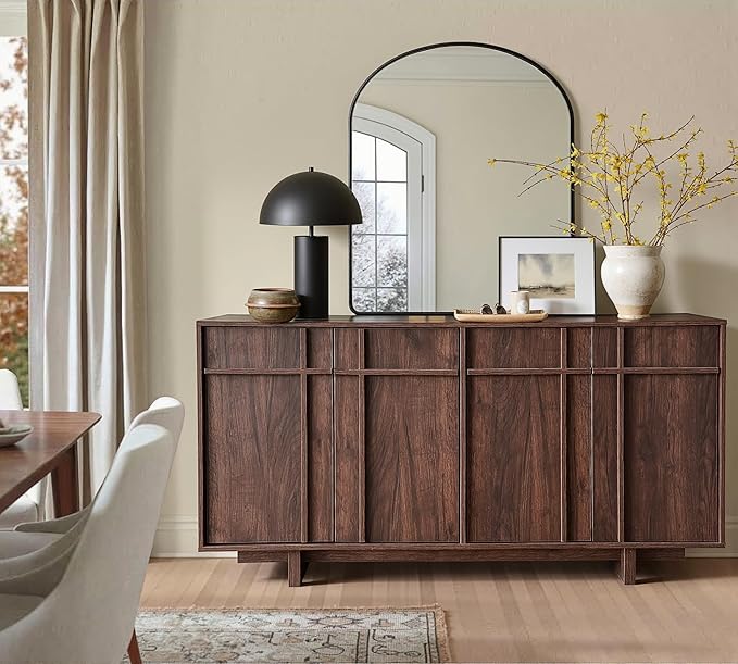 Sideboard Buffet Cabinet with Storage, Mid Century Modern Accent Cabinet with Skeleton Line & Wood Grain Texture,Minimalist Geometric Credenza for Living Room, Kitchen and Entryway, Cherry