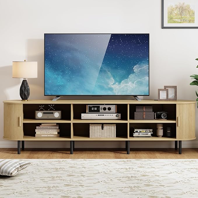 86.6" TV Stand with Power Outlet, Mid-Century Modern Television Stand, Fluted Media Console with Sliding Doors, Entertainment Center for TVs up to 90 Inch, Adjustable Shelves, Oak