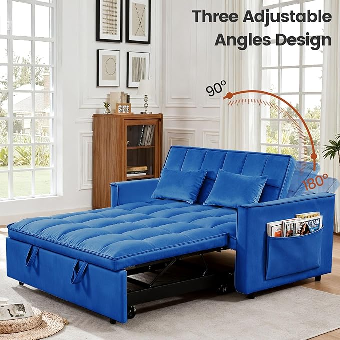 3 in 1 Convertible Sleeper Sofa Bed, Velvet Fabric Loveseat Sofa Bed with Adjustable Backrest & Large Side Pockets, Pull Out Couch for Small Spaces, Apartment, Living Room, Blue