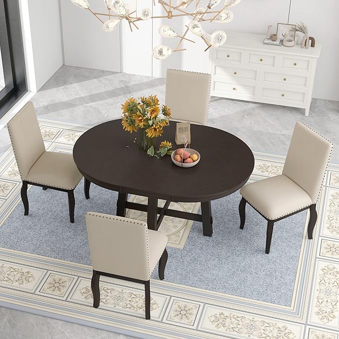 Harper & Bright Designs Farmhouse Extendable Round Dining Table Set, Round Wood Table with Shelf and Upholstered Chair Set Perfect for Family