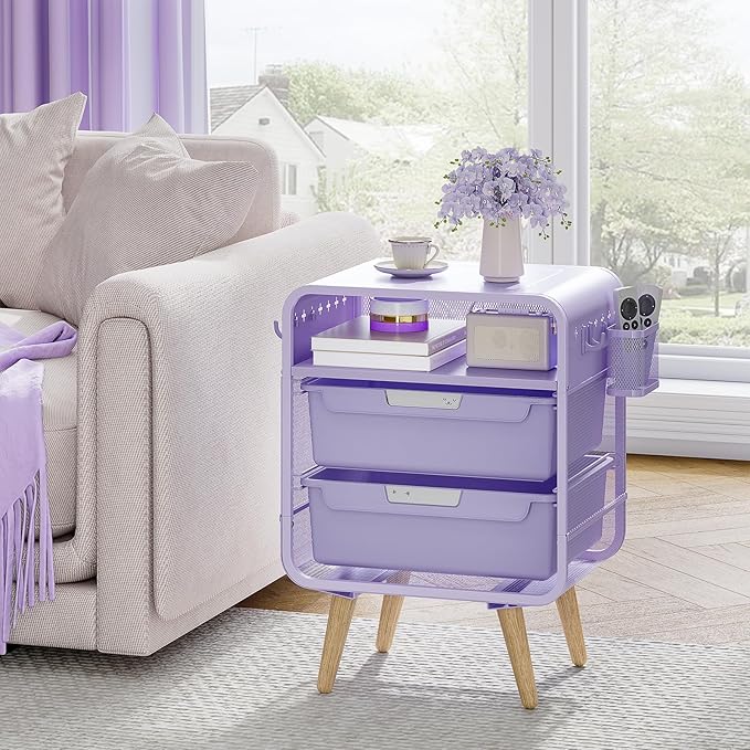 SYKIARIOL Kids Nightstand,Girls Bedside Table,Night Side Table,Kids Night Stand,End Tables Bedroom,Purple Cute Nightstand with Storage Drawer for Girls