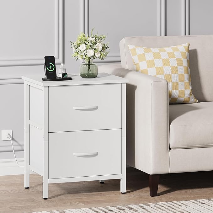 Vagusicc Nightstand with Charging Station, Bedside Table with USB Ports and Outlet, End Table Side Table with 2 Fabric Drawers for Bedroom, Living Room, White