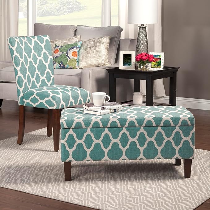 HomePop Large Upholstered Rectangular Storage Ottoman Bench with Hinged Lid, Teal Geometric