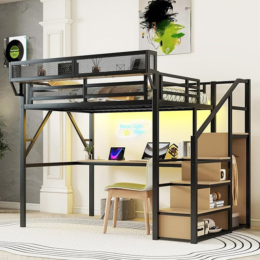 KEIKI Full Size Metal Loft Bed Frame with Desk, Staircase, Built-in Storage Shelves and Wardrobe, Modern Loft Bed with Solid Slats, Guardrail, No Box Spring Required, Easy Assembly, for Bedroom, Black